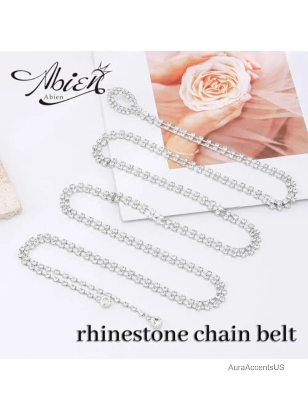 Crystal Chain Belt for Dress Sparkle Thin Rhinestone Belt Hook Buckle Adjustable